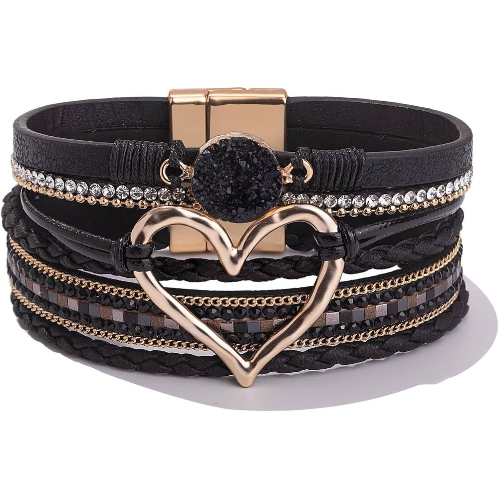 black leather stackable boho cuff magnetic bracelet vacation travel work casual